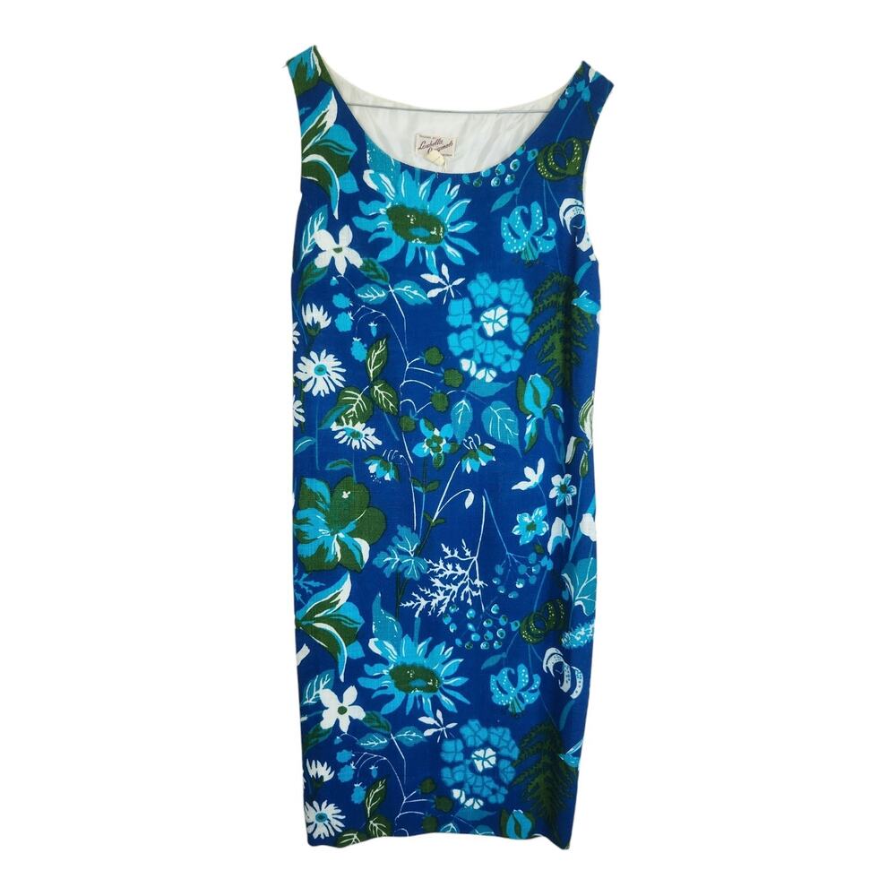 Vtg Loubella Originals S/M Blue Sleeveless Floral Shift Dress Retro Summer MCM